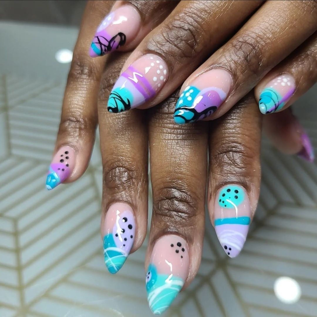 Blue, Purple, White, and Black Nail design by Shades By Shar